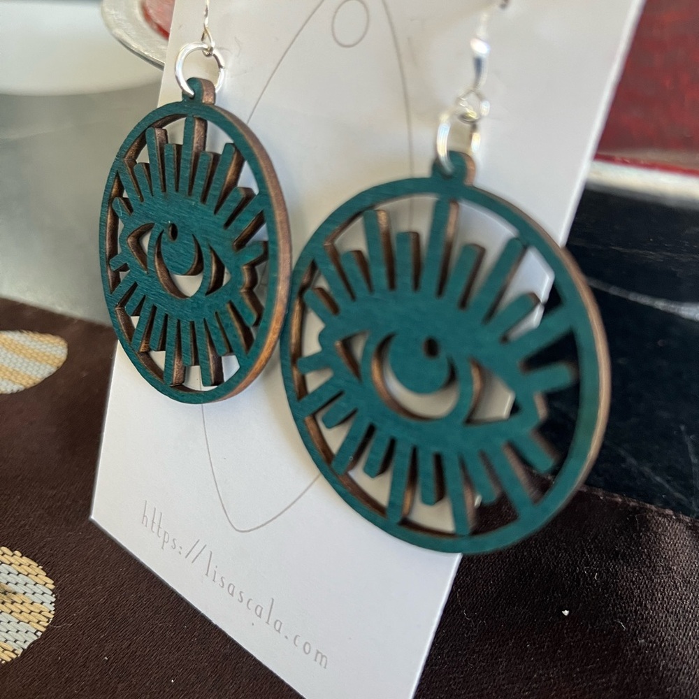 Symbolic spiritual all-seeing eye earrings, teal, balsam wood